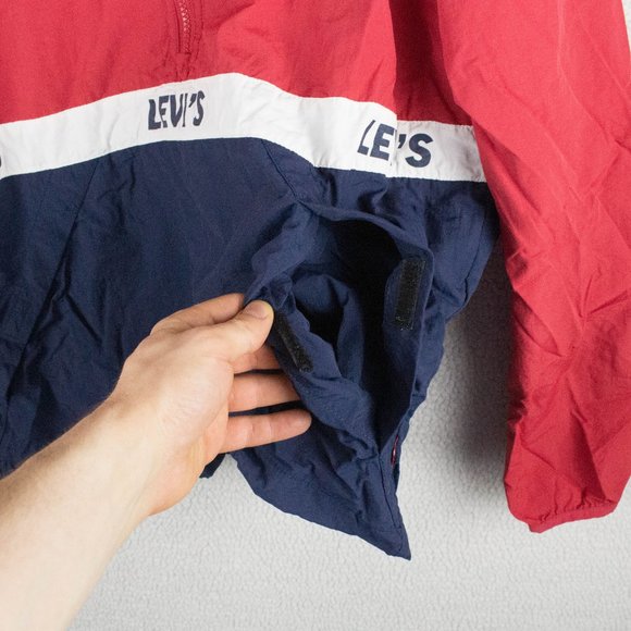 Levis Jacket Mens Medium Red Blue Oversized Half Zip Hooded Nylon Retro Striped - Picture 5 of 12